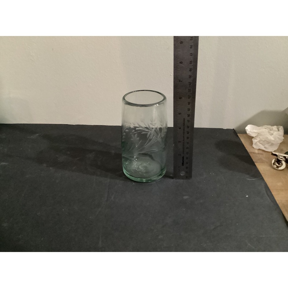 Anthropologie Terrain Tumbler Glasses Green Engraved Floral Hand blown Set Of 2